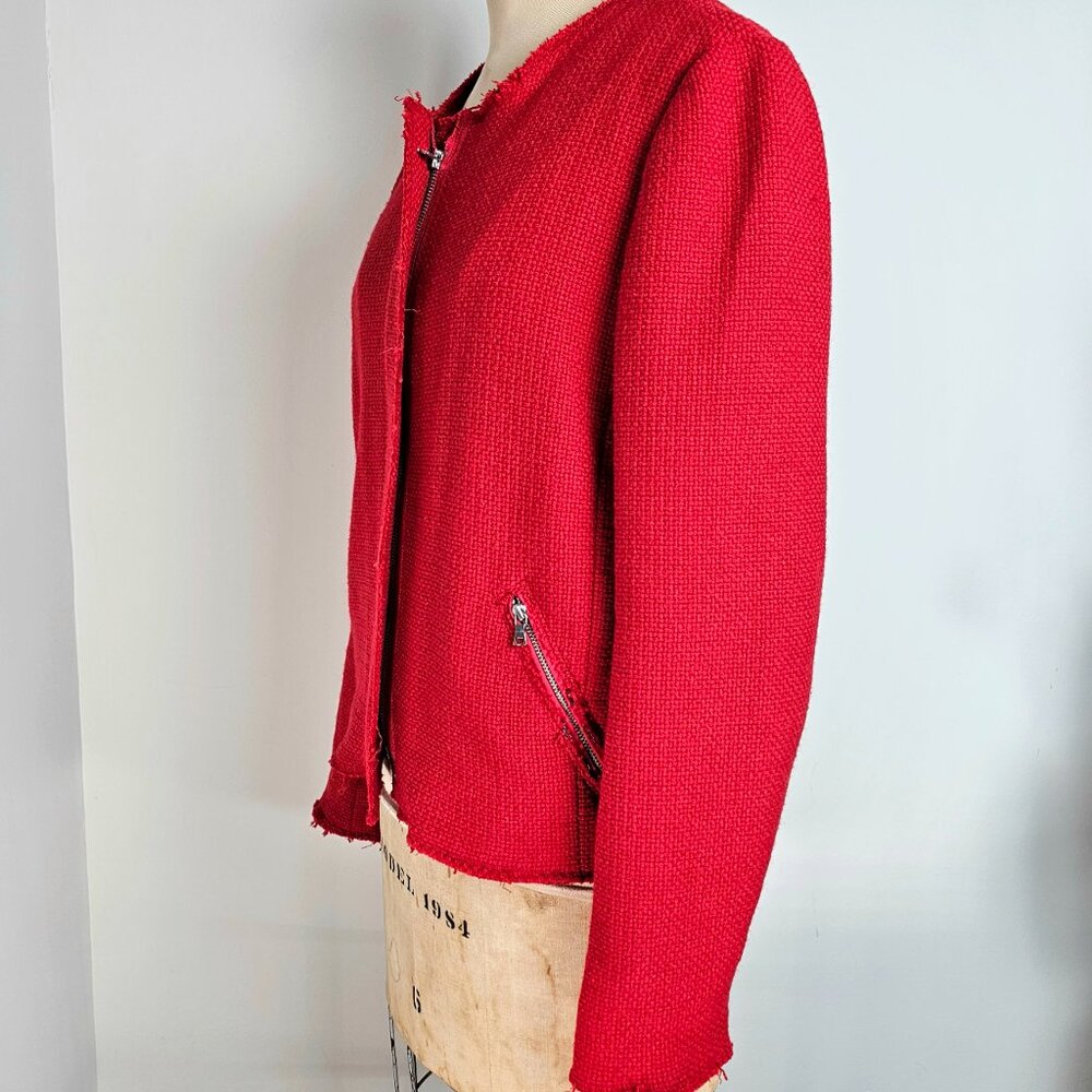 Gap Red Textured Moto Jacket Raw Edge Cropped Size 12 - Picture 5 of 13